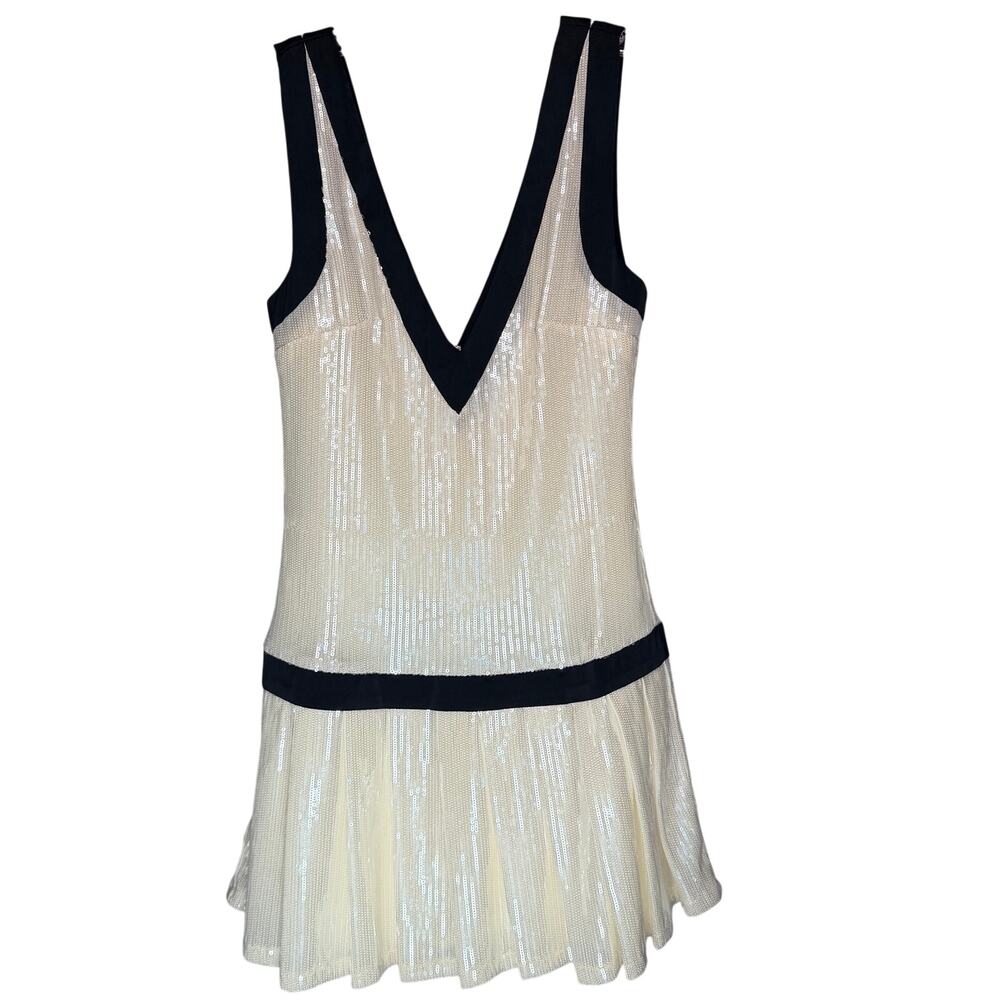 Blue Blush Sequin Color Block Mini Dress Cream Black V-Neck Size S